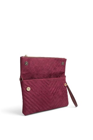 Silver Polo Süet Bordo - Süet Bordo Kapitone V Kadın Portföy ve Clutch El Çantası SP1134