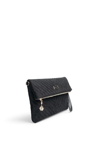 Silver Polo Süet Siyah - Süet Siyah Kapitone V Kadın Portföy ve Clutch El Çantası SP1134