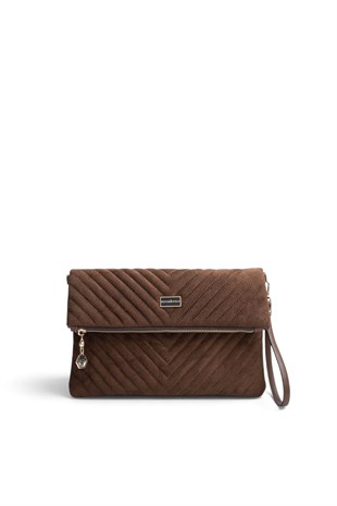 Silver Polo Süet Kahve - Süet Kahve Kapitone V Kadın Portföy ve Clutch El Çantası SP1134