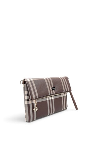 Silver Polo Kahve - Kahve Çizgili Ekose Kadın Portföy ve Clutch El Çantası SP1134