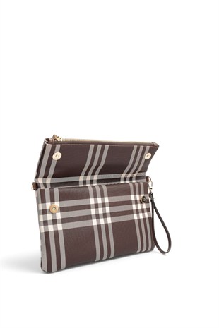 Silver Polo Kahve - Kahve Çizgili Ekose Kadın Portföy ve Clutch El Çantası SP1134