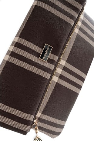 Silver Polo Kahve - Kahve Çizgili Ekose Kadın Portföy ve Clutch El Çantası SP1134