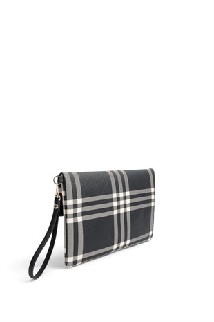 Silver Polo Siyah - Siyah Çizgili Ekose Kadın Portföy ve Clutch El Çantası SP1134