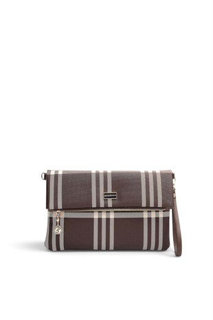 Silver Polo Kahve - Kahve Çizgili Ekose Kadın Portföy ve Clutch El Çantası SP1134