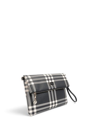 Silver Polo Siyah - Siyah Çizgili Ekose Kadın Portföy ve Clutch El Çantası SP1134