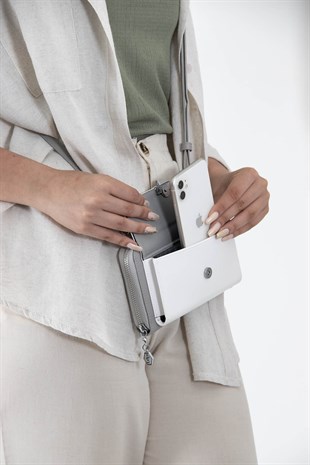 Silver & Polo Beyaz - A.gri SP921 Kadın Askılı Cüzdanlı Telefon Çantası