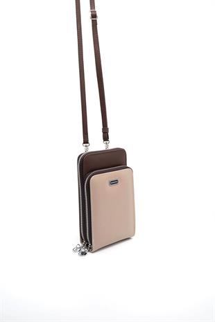 Silver & Polo Koyu Bej - Kahve SP1011 Kadın Askılı Cüzdanlı Telefon Çantası
