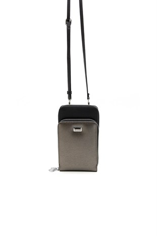 Silver & Polo Platin - Siyah SP1011 Kadın Askılı Cüzdanlı Telefon Çantası
