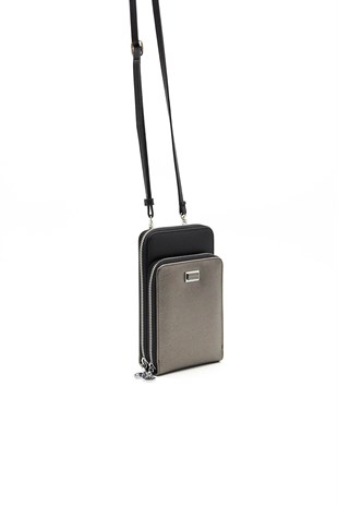 Silver & Polo Platin - Siyah SP1011 Kadın Askılı Cüzdanlı Telefon Çantası
