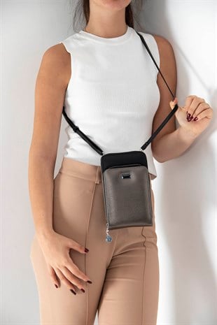 Silver & Polo Platin - Siyah SP1011 Kadın Askılı Cüzdanlı Telefon Çantası