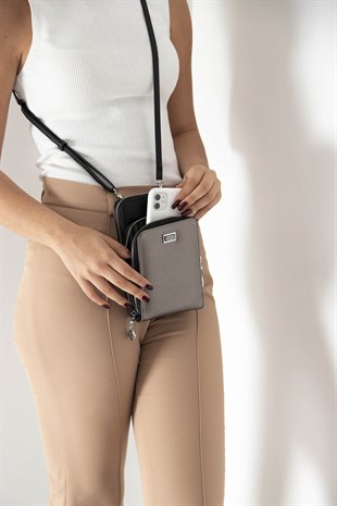 Silver & Polo Platin - Siyah SP1011 Kadın Askılı Cüzdanlı Telefon Çantası