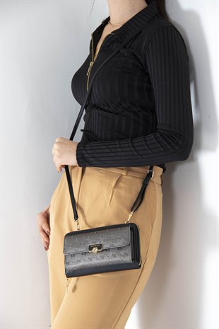 Silver & Polo Platin - Siyah SP921 Kadın Askılı Cüzdanlı Telefon Çantası