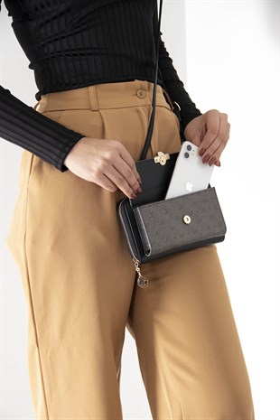 Silver & Polo Platin - Siyah SP921 Kadın Askılı Cüzdanlı Telefon Çantası