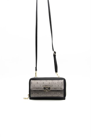 Silver & Polo Platin - Siyah SP921 Kadın Askılı Cüzdanlı Telefon Çantası