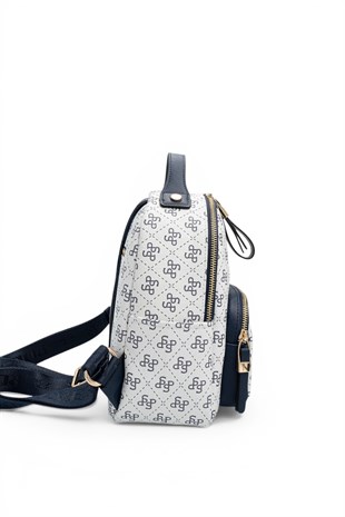 Silver Polo Beyaz - Lacivert Monogram Kadın Sırt Çantası SP1130
