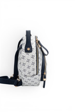Silver Polo Beyaz - Lacivert Monogram Kadın Sırt Çantası SP1130