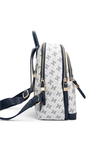Silver Polo Beyaz - Lacivert Monogram Kadın Sırt Çantası SP1265