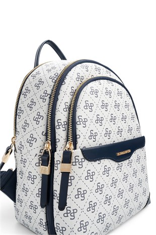 Silver Polo Beyaz - Lacivert Monogram Kadın Sırt Çantası SP1265