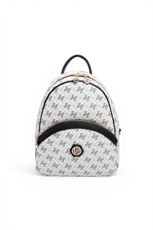 Silver Polo Beyaz - Siyah Monogram Kadın Sırt Çantası SP945