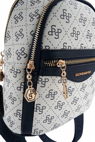 Silver Polo Beyaz - Lacivert Monogram Kadın Sırt Çantası SP983