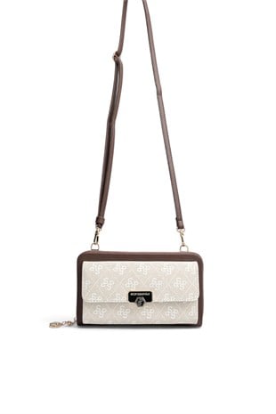 Silver Polo Taş - Kahve Monogram Kadın Telefon Çantası SP921
