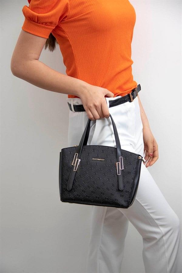 Silver & Polo SP1021 Kadın El Çantası Logolu Siyah-Siyah