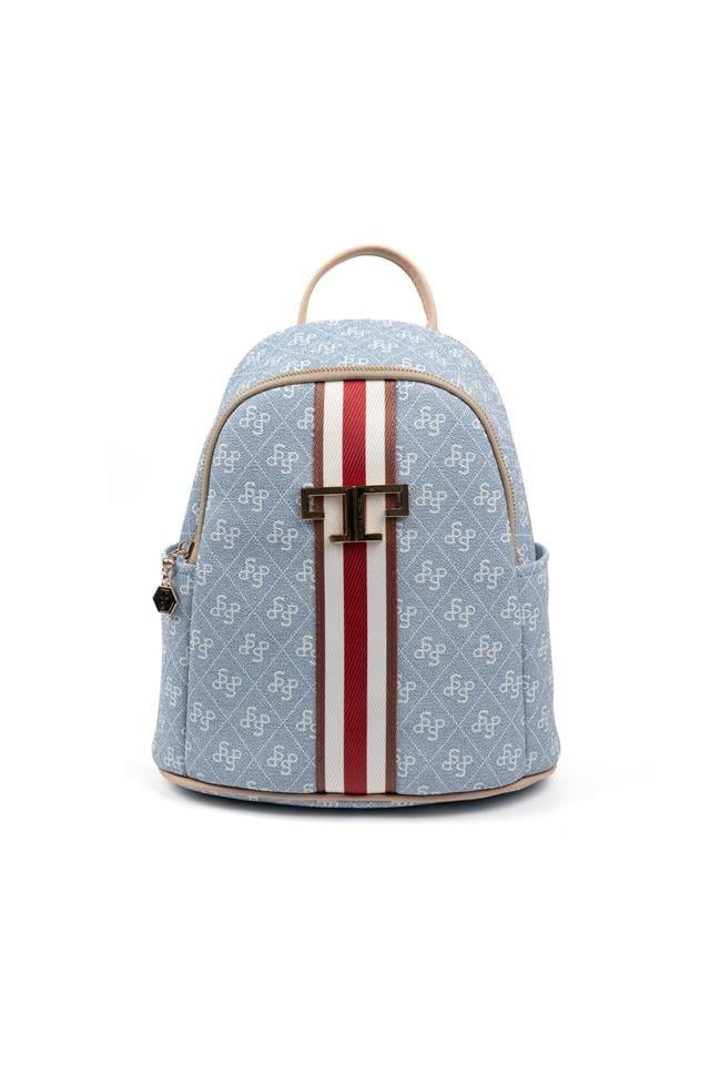 Silver & Polo SP1161 Kadın Sırt Çantası Şeritli Monogram Mavi-Ten