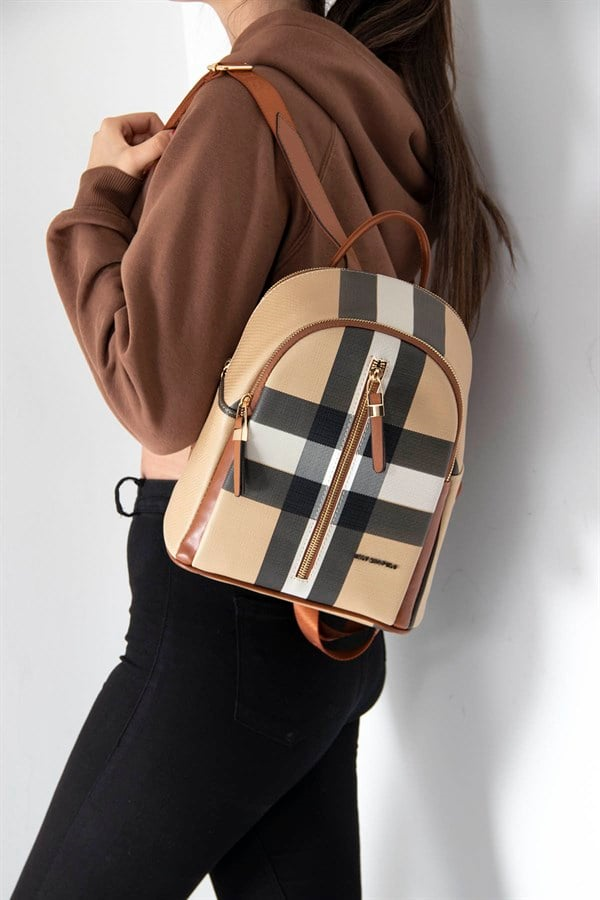 Silver & Polo SP901 Kadın Sırt Çantası Ekose Bej-Taba