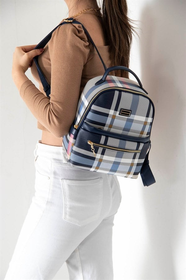 Silver & Polo SP1061 Kadın Sırt Çantası Ekose Lacivert