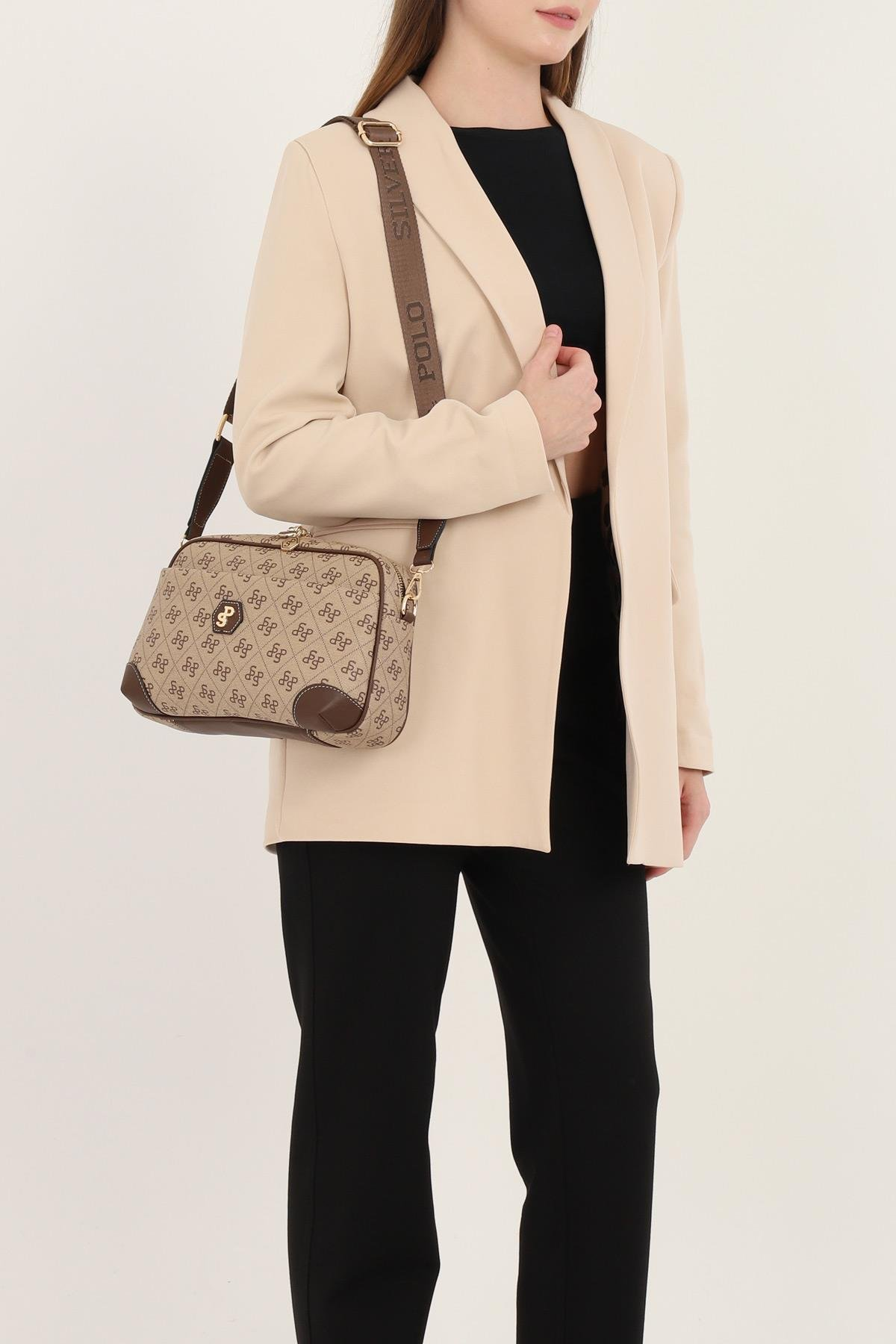 Silver & Polo SP1094 Kadın Çapraz Çanta Monogram Koyubej-Kahve