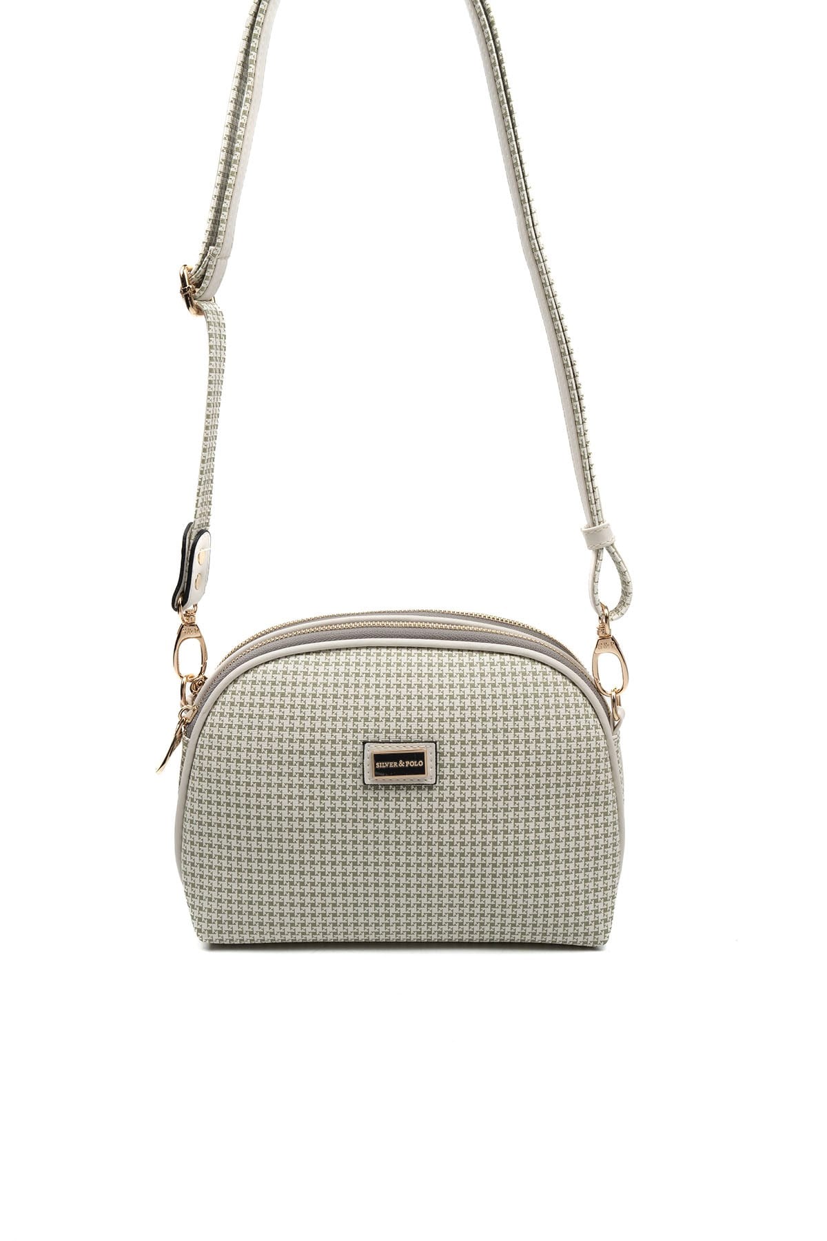 Silver & Polo SP765 Kadın Çapraz Çanta Kaz Ayağı Ekose Yeşil-Kemik