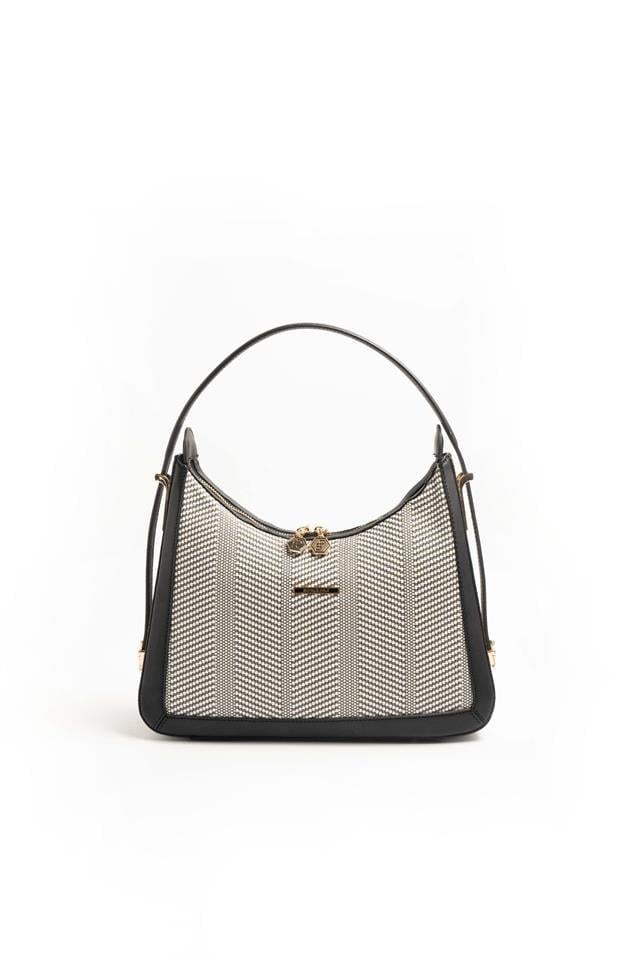 Silver Polo SP1187 Kadın Omuz Çantası Hasır Siyah Beyaz-Siyah