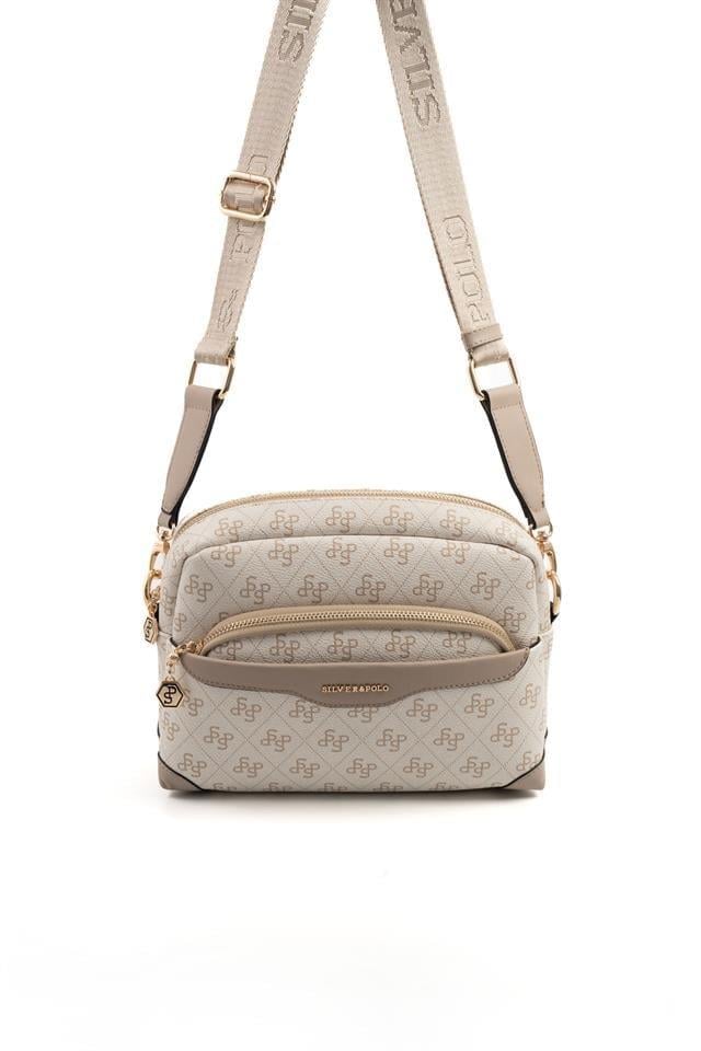 Silver & Polo SP1201 Kadın Çapraz Çanta Monogram Bej-Kum