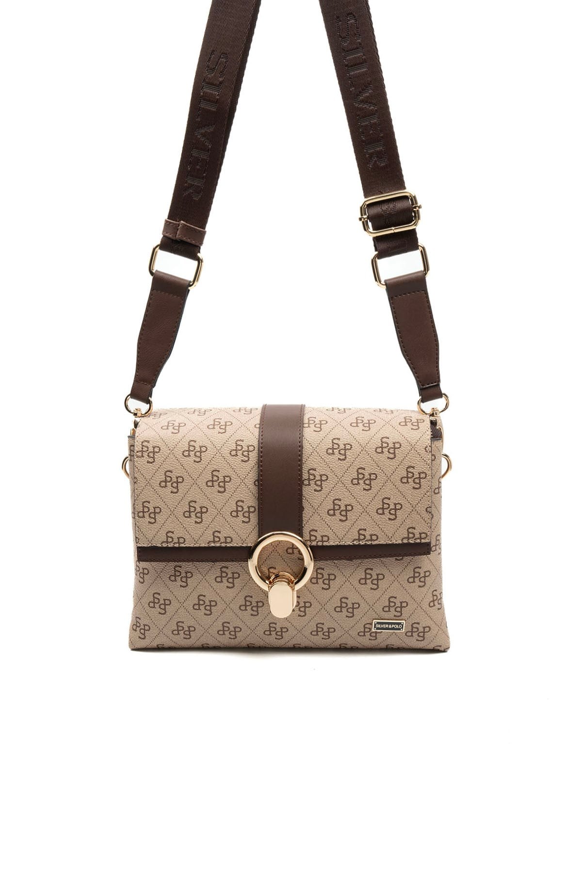 Silver & Polo SP1275 Kadın Çapraz Çanta Monogram Koyu Bej-Kahve