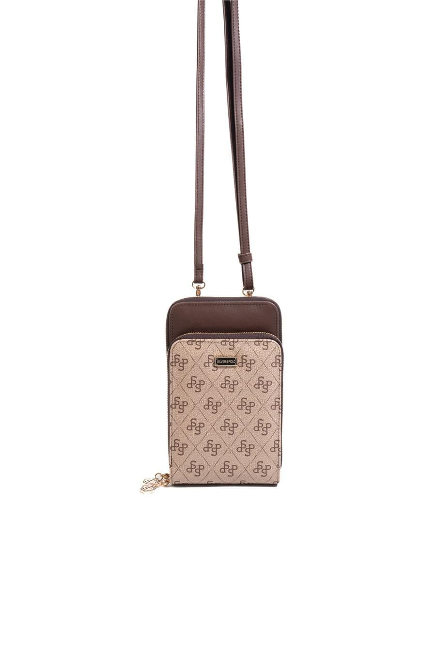 Silver & Polo SP1011 Kadın Telefon Çantası Monogram Koyu Bej-Kahve