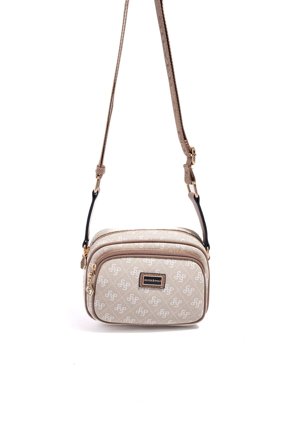 Silver & Polo SP1111 Kadın Çapraz Çanta Monogram Taş-Latte