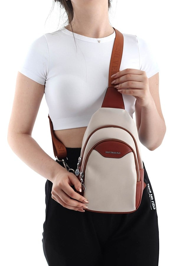 Silver & Polo SP959 Kadın Vücut Çantası Düz Bej-Taba
