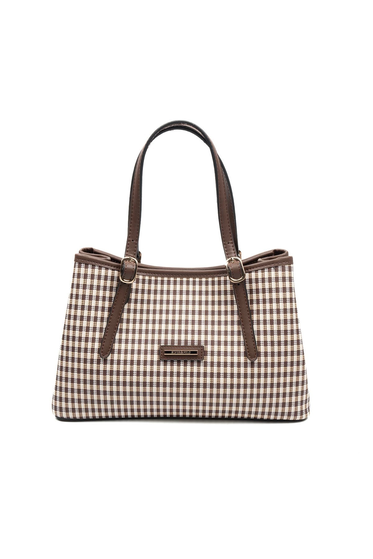 Silver & Polo SP1252 Kadın El Çantası Ekose Line Kare Kahve Sarı-Kahve