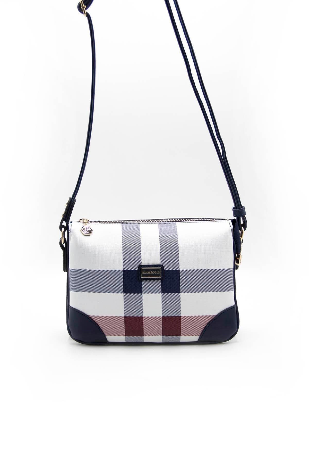 Silver & Polo SP784 Kadın Çapraz Çanta Ekose Beyaz-Lacivert