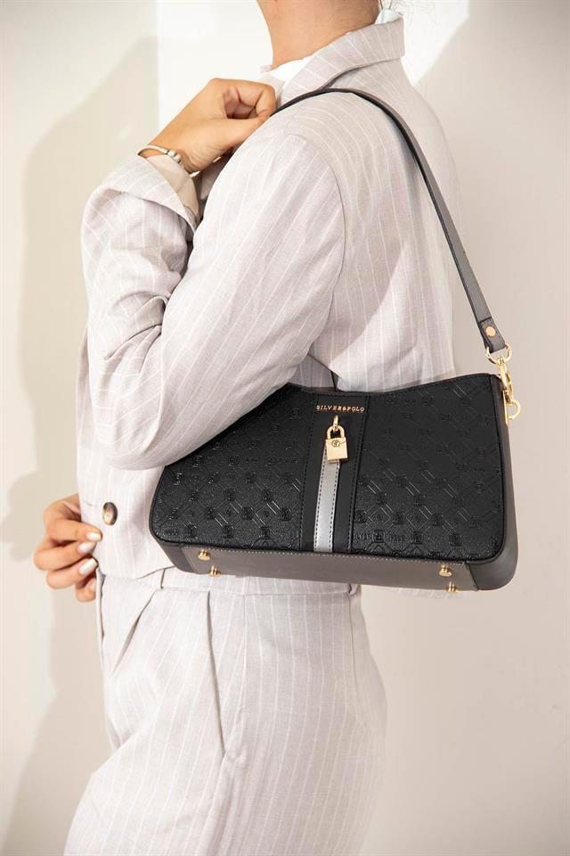 Silver & Polo SP1102 Kadın Omuz Çantası Logolu Siyah-Siyah-Platin