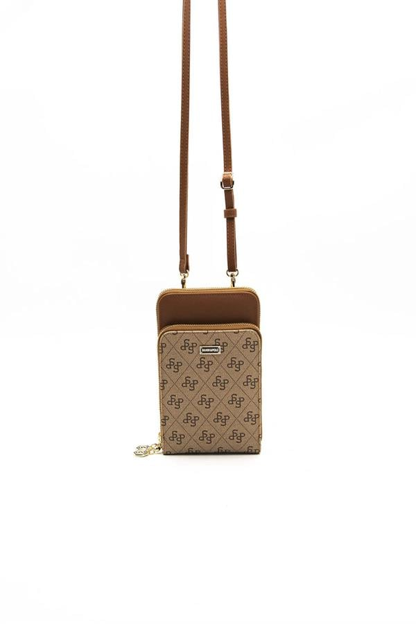 Silver & Polo SP1011 Kadın Telefon Çantası Monogram Koyu Bej-Taba