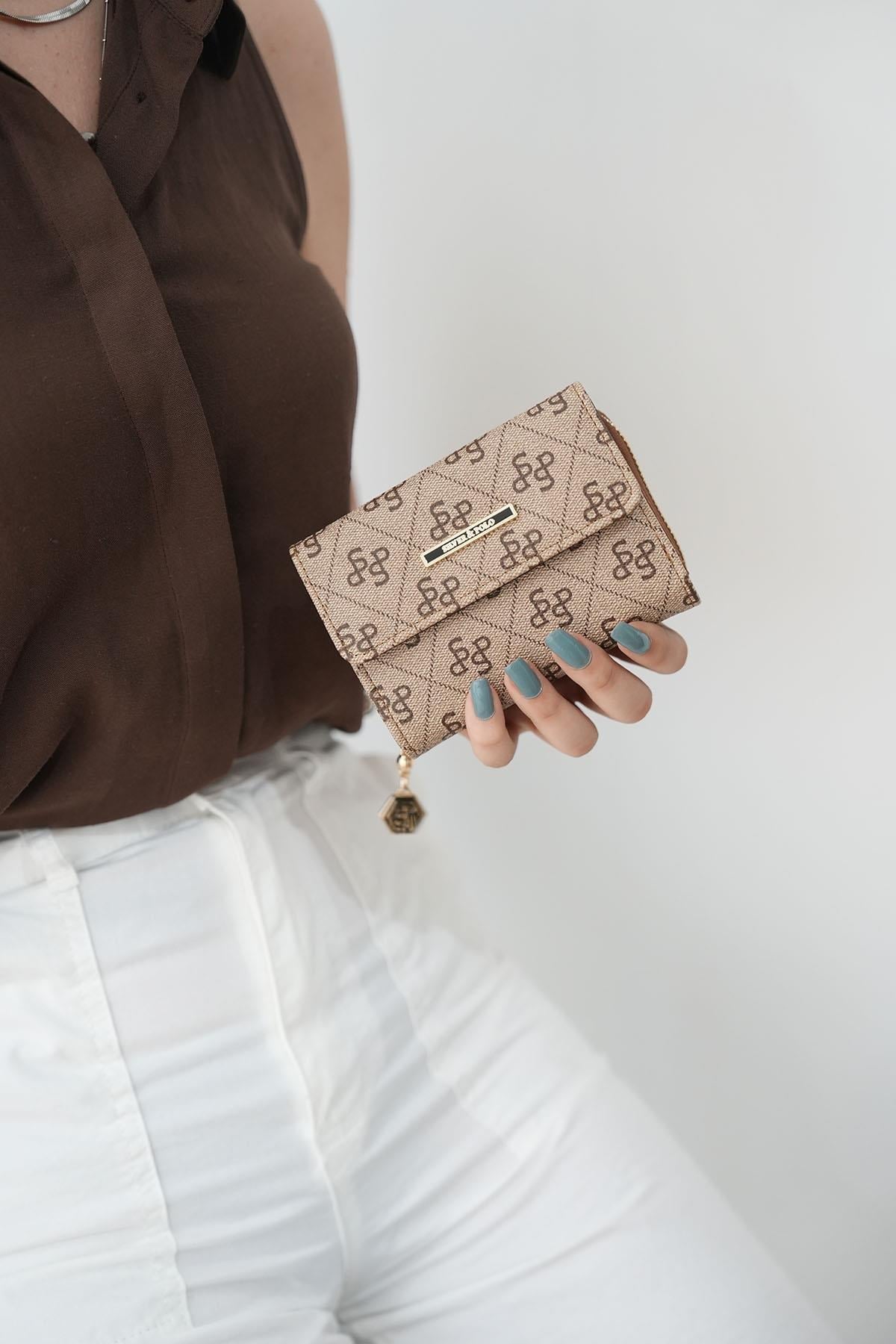 Silver & Polo SP1100 Kadın Cüzdan & Kartlık Monogram Koyu Bej-Taba