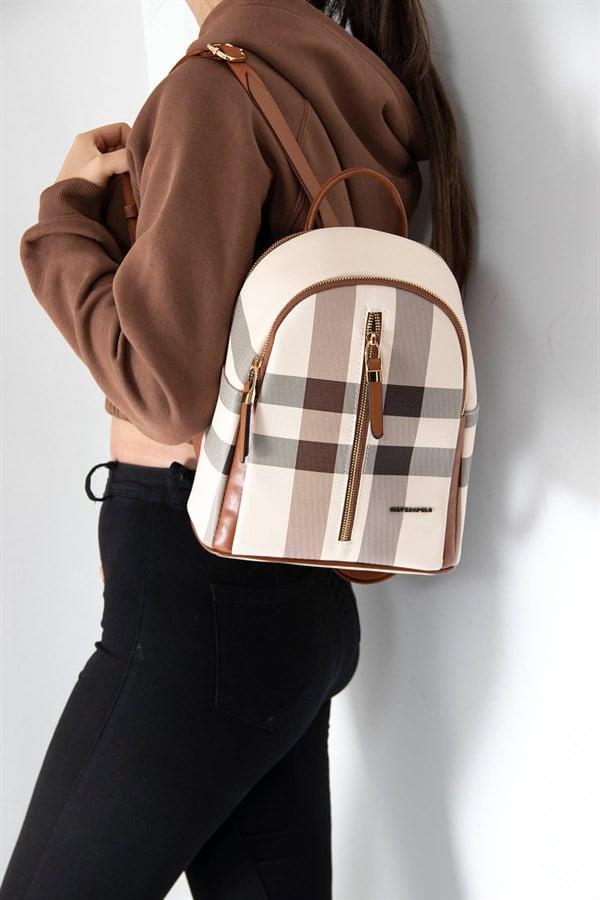 Silver & Polo SP901 Kadın Sırt Çantası Ekose Krem-Taba