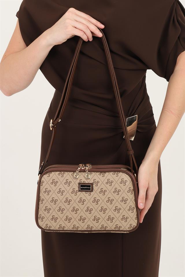 Silver & Polo SP899 Kadın Çapraz Çanta Monogram Koyubej-Kahve