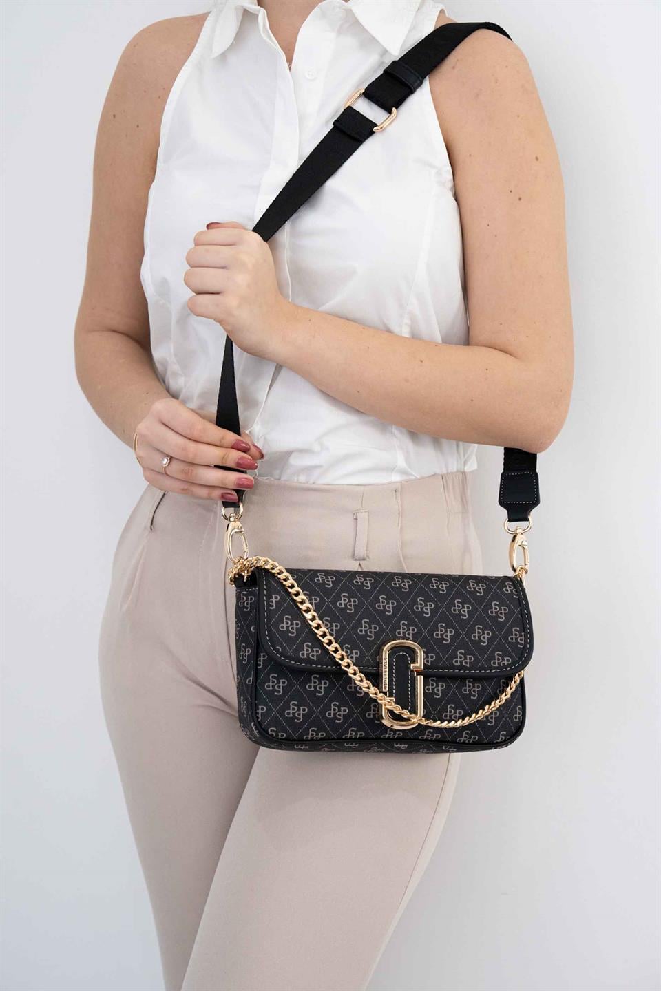 Silver & Polo SP1171 Kadın Omuz Çantası Monogram Füme-Siyah