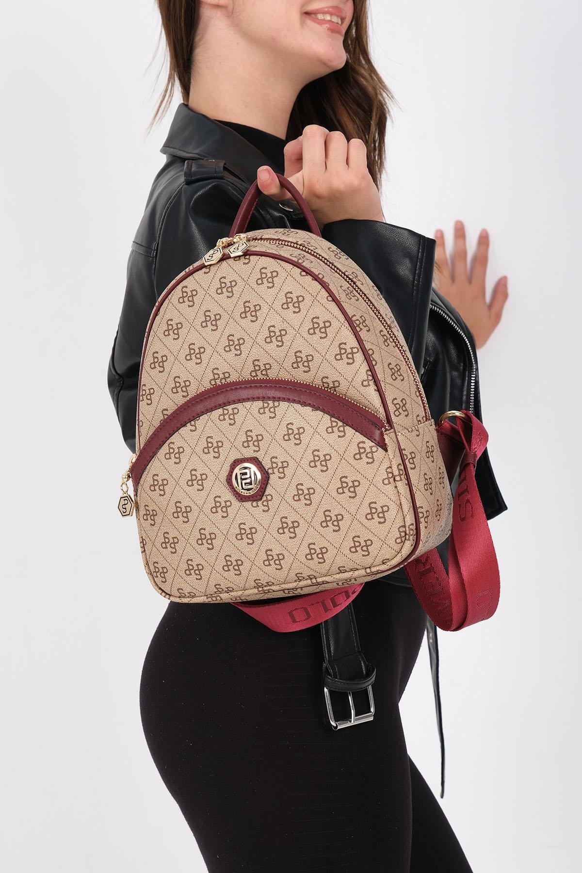 Silver & Polo Koyu Bej - Bordo SP945 Kadın Sırt Çantası