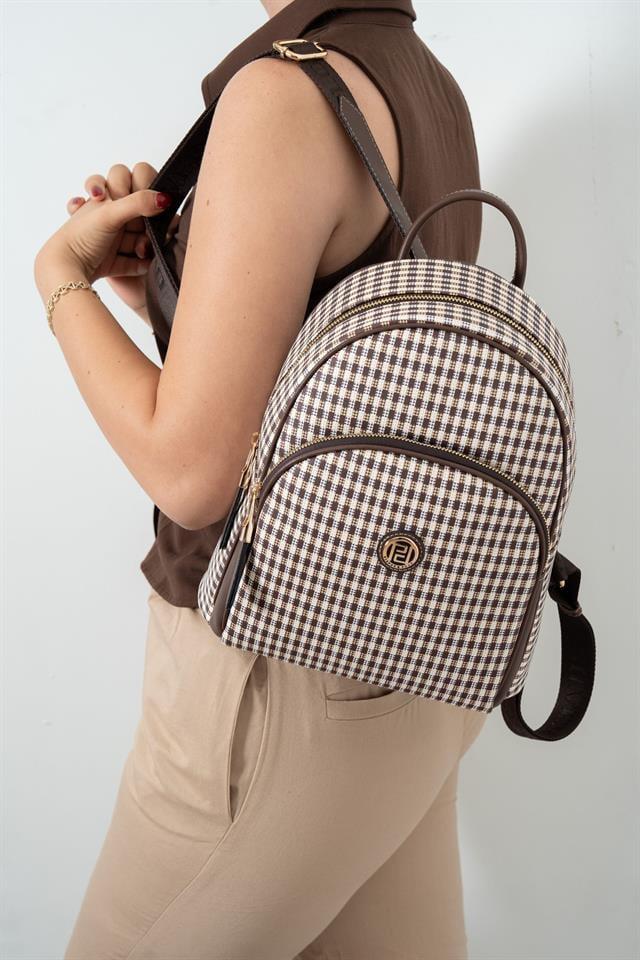 Silver & Polo SP1062 Kadın Sırt Çantası Ekose Line Kare Kahve Sarı-Kahve