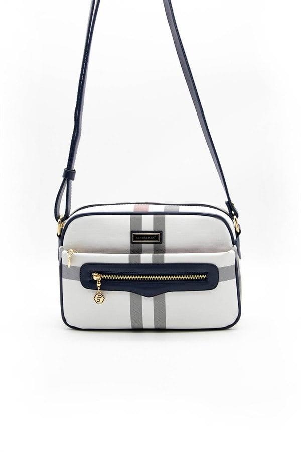 Silver & Polo SP491 Kadın Çapraz Çanta Ekose Beyaz-Lacivert
