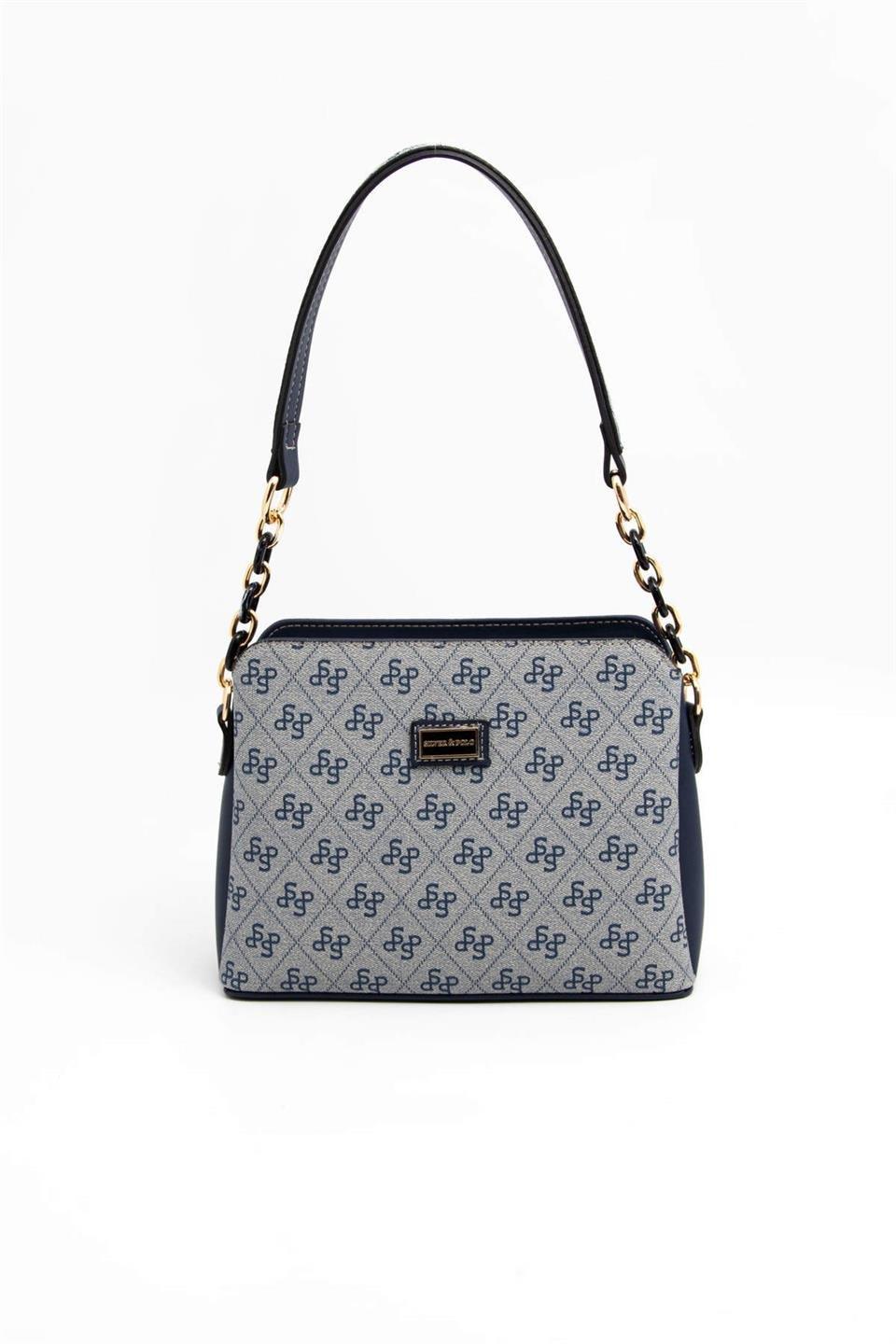 Silver Polo SP937 Kadın Omuz Çantası Monogram Gri-Lacivert