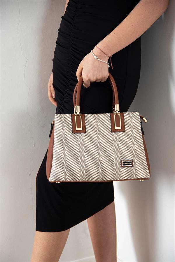 Silver & Polo SP1000 Kadın El Çantası Hasır Bej-Taba